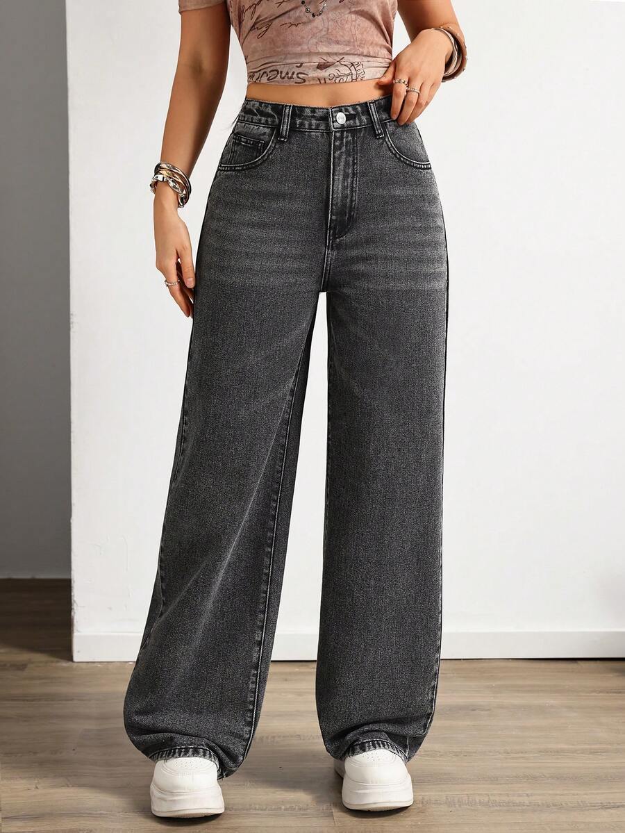 SHEIN ICON Calça jeans casual de corte reto e lavagem especial - Cinza escuro - Ver 1