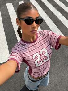 Muchica Women's Casual Striped Numeric Print T-Shirt, Summer - Multicolor - View 4