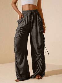 Vesra Women's Solid Color Side Ruched Drawstring Pocket Pants - Brown - View 3