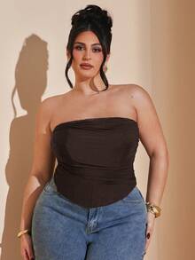 SHEIN BAE Camiseta sin mangas de uso diario versátil y casual con pliegues en unicolor para mujer de talla grande - Marrón - Ver 8