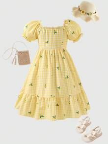 Elladie kids Süßes Kleid mit Blumenprint, Rüschenkragen und Puffärmeln für Mädchen, elastischer Bund, geeignet für Schule, Spielplatz, Familientreffen, Geburtstagsfeiern, Kurztrips, Strandurlaub - Gelb - Übersicht 4