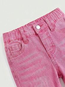 SHEIN Bubblio Quần jean denim rách dáng casual đa năng cho bé gái, có túi và cúc, thích hợp mặc hàng ngày. - Hồng - Xem 6