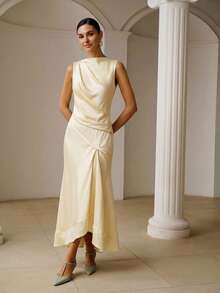 ZEYLAH Asymmetrical Ruched Dress, Spring/Summer Dinner Cream White Elegant - Yellow - View 5