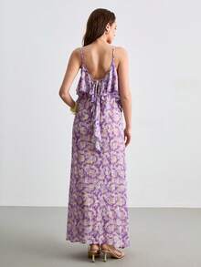 CielaLinda Đầm maxi hai dây xếp nếp in hoa dành cho nữ - Màu tím hoa cà - Xem 3