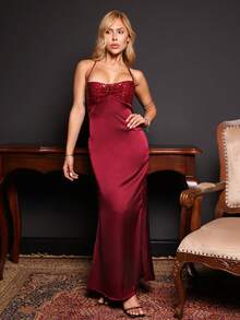 Victoria Miranda Women's Summer Sequin Patchwork Dress, Suitable For Weddings, Graduations,Red Dresses For Women,Christmas Dresses For Women,Dresses For Women Elegant,Valentine's Day,Valentine Outfits For Women Party - Burgundy - View 1