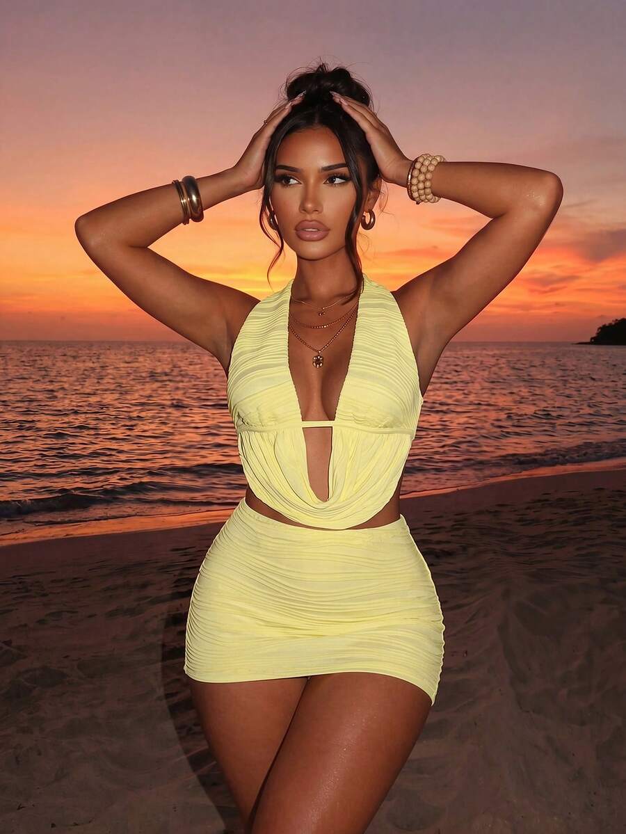 Sirith Setelan Liburan Wanita 2 Potong Atasan Halter Leher Berpotongan Rendah dan Rok Mini Bodycon - Kuning - View 1