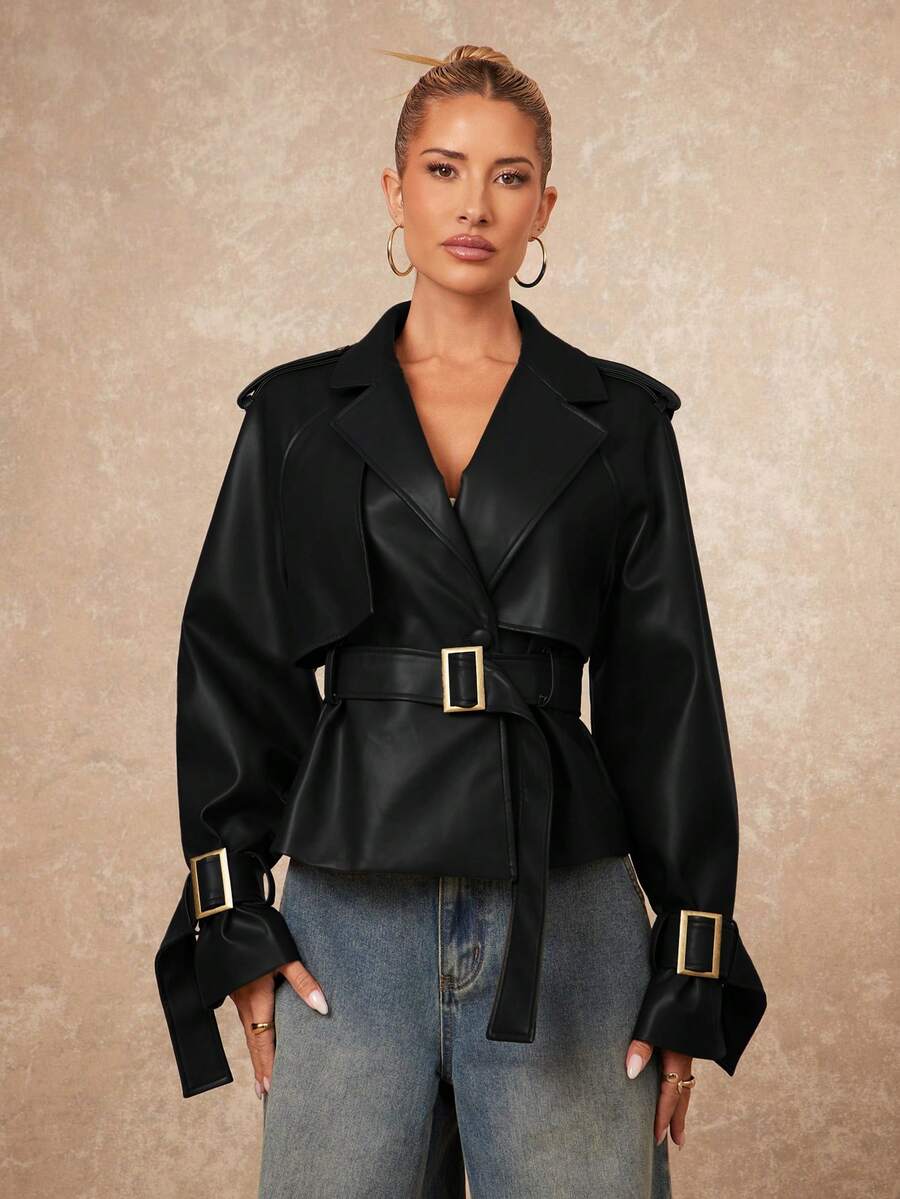 Lumalex Women's Solid Color Distressed Raglan Sleeve Trench Coat - Black - View 1