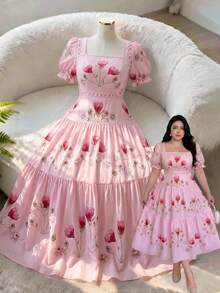 Vibekara Vestido de verano casual y elegante con cuello cuadrado francés, estampado, para citas/fiestas/vacaciones, de manga corta abullonada, bordado, talla grande, color rosa - Rosa - Ver 1