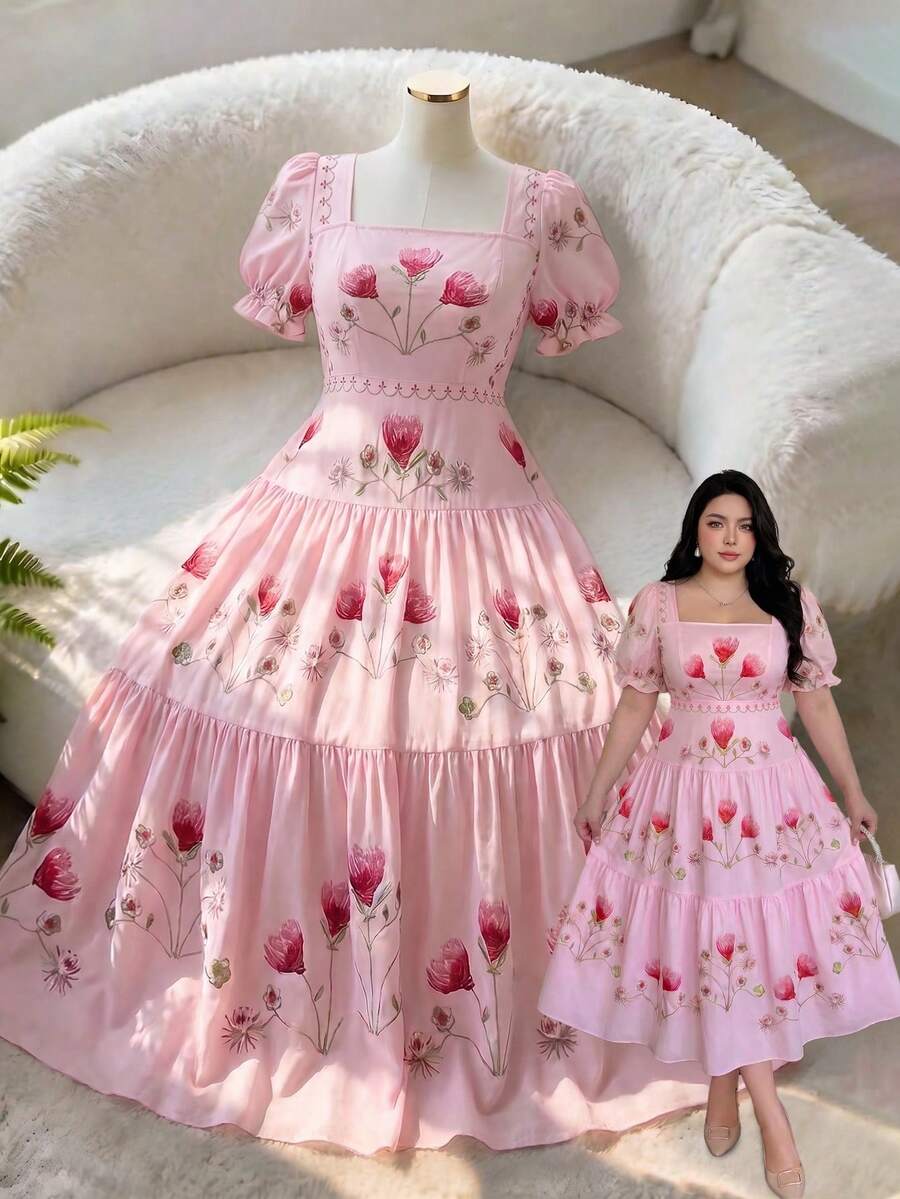 Vibekara Vestido de verano casual y elegante con cuello cuadrado francés, estampado, para citas/fiestas/vacaciones, de manga corta abullonada, bordado, talla grande, color rosa - Rosa - Ver 1