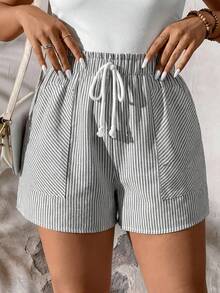 SHEIN Tall CURVE Quần short kẻ sọc dáng rộng có dây rút - Đen và trắng - Xem 3