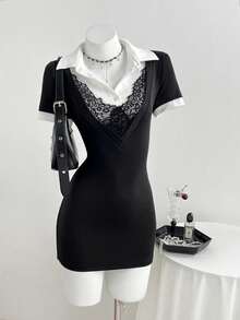 Elamini Vestido ajustado de manga corta con cuello polo, combinación de encaje y contraste de color negro y blanco 2 en 1, estilo elegante y retro, adecuado para la temporada de graduación, estilo escolar, uso diario y oficina, color negro - Negro - Ver 3
