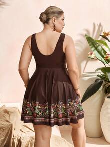 Swim Lushoire 2026夏季大码泳衣，度假海滩优雅大码泳裙+泳裤女士大码泳装两件套，波西米亚风度假泳衣，印花泳装套装，女士大码泳装 - 棕色 - 查看 2