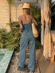 DAZY Bộ áo liền quần không tay cổ tròn dành cho nữ, bộ áo liền quần denim wash kiểu dáng thường ngày. - Màu xanh lam - Xem 5