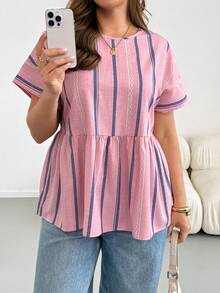 Shapeblank 大码女装春夏时尚休闲宽松舒适清爽日常百搭显瘦粉色条纹短袖娃娃衫，女式衬衫，简约风格，外出穿搭，曲线可爱上衣，欧洲夏季 - 粉色 - 查看 3