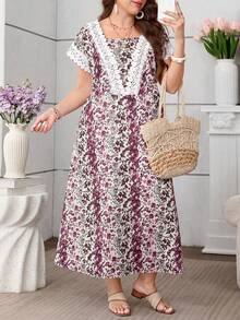 Lacomfia Summer Contrast Lace Trim Ditsy Floral Plus Size Women Dress - Multicolor - View 5