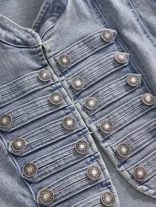 ROMWE Grunge Punk Áo khoác denim lửng kiểu vintage punk màu xanh hải quân với cúc cài, trang phục mùa hè cho lễ hội âm nhạc. - Màu xanh lam - Xem 2