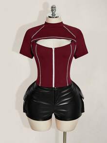 SHEIN ICON Camiseta de manga corta con cremallera y calado en contraste para mujer de talla grande - Burdeos - Ver 4