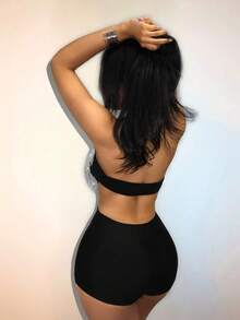 Amplova Bộ jumpsuit ôm sát gợi cảm không tay, cổ chữ V xẻ cao, lưng hở, đính tua rua dành cho nữ. - màu đen - Xem 4