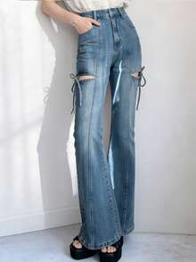 Dazy Tall Quần jeans ống loe nữ khoét lỗ, buộc dây, kiểu dáng thường ngày. - Rửa trung bình - Xem 2
