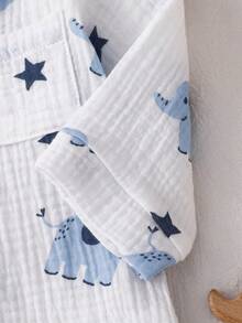 Bộ áo liền quần dài tay bằng cotton in hình voi cho bé trai sơ sinh, có túi phía trước, thích hợp mặc thường ngày. - Màu xanh lam - Xem 6