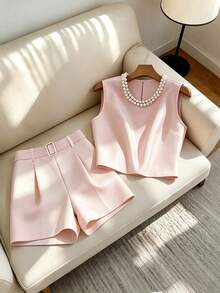 SHEIN Franclia Conjunto de traje elegante de satén con cuello de perlas y cintura para mujer - Rosa - Ver 7