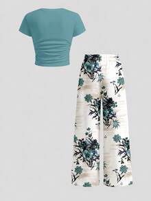 2pcs Tween Girls' Ruched Fitted Short Sleeve T-Shirt & Floral Print Casual Pants Set, Daily Fashion Retro Colorblock Y2K Style - White - View 4