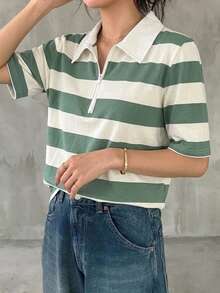 DAZY Striped Print Half Zip Tee - Multicolor - View 8