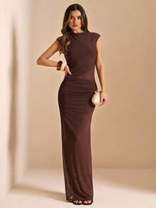 SHEIN BAE Women's Sleeveless Ruched Hem Semi-Sheer Dress, Elegant Sexy Dress, Vacation Dress Golf Pastal Summer - Brown - View 4