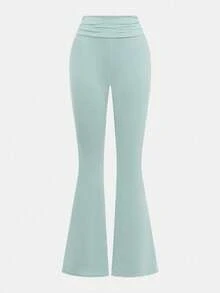 SHEIN Girlism Tween Girl Casual Fitted Light Blue Ruched Crew Neck Top And Ruched Flare Pants Set - Mint Green - View 7