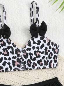 Young Girl Bow Decor Leopard Print Bikini Set, Girls 2 Pieces Ruffle Cheetah Bathing Suit For Summer, Beach, Family Vacation, Holiday, Tweens Swimwear - Multicolor - View 5