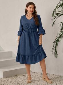 Miaspire Plus Size Women V-Neck Drawstring Waist Ruffle Hem Elegant Dress - Navy Blue - View 6