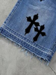 Bộ 2 món áo sơ mi và quần short denim đen họa tiết chữ thập cho bé trai - Rửa trung bình - Xem 3