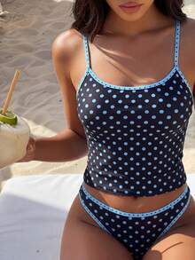 SHEIN Swim 26SS 波点方领吊带背心和比基尼两件套，度假 - 彩色 - 查看 4