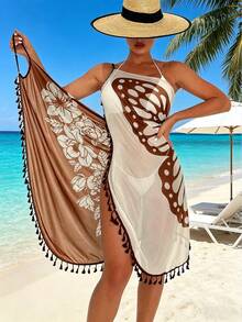 Swim Lushoire Áo khoác kimono nữ in họa tiết hoa và bướm phối màu. - Màu Khaki - Xem 3