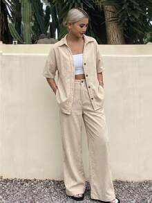 Conjunto de top vaquero de manga corta con botones y pantalones vaqueros de unicolor casual para mujer, verano - Caqui - Ver 5