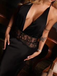 Victoria Miranda Black Sexy Deep V-Neck Lace Hollow Patchwork Fishtail Satin Dress Summer - Black - View 4