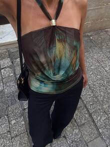 Firerie Áo kiểu nữ gợi cảm nhuộm màu tie-dye, cổ yếm, hở lưng, thích hợp cho mùa đông, mùa thu, dự tiệc, đi biển, kiểu áo dễ thương. - màu xanh lá - Xem 1