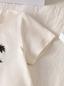 SHEIN Playful Pals 2件組 嬰幼兒男童休閒圖案插肩袖上衣與條紋短褲 黑白格紋 夏季度假節日嬰兒套裝 - 杏色 - 查看 8