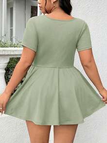 GalTyme Mono de mujer talla grande para todas las estaciones, regreso a clases, campus, deportes al aire libre, yoga en interiores, fitness, casual, diario, básico, versátil, negro, cuello cuadrado, manga corta, línea A, dobladillo con volantes, alta elasticidad, absorción de humedad, secado rápido, refrescante, tela funcional y cómoda, unicolor, con bolsillos, anti-exposición - Verde - Ver 2