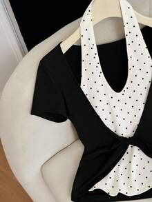GlowEve Classic Black & White Contrast French Vacation Chic White Polka Dot Twist Front Short Sleeve Knit Top, Elegant Versatile Casual Blouse For Women - Black and White - View 4