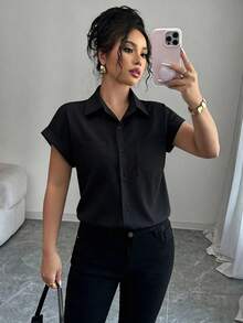 Elenzga Áo sơ mi ngắn tay màu trắng dành cho nữ, thiết kế tối giản, nhẹ, dáng rộng, kiểu dáng retro không tay. - màu đen - Xem 1