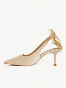 CUCCOO CHICEST Giày cao gót mũi nhọn, đa năng, thanh lịch, kiểu dáng cổ tích, nơ sau lưng, chất liệu satin màu mơ, gót hở. - Màu be - Xem 6