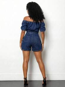 Slaydiva Bộ jumpsuit denim nữ mùa hè kiểu dáng thường ngày, trễ vai, cài cúc nửa thân. - Màu xanh lam - Xem 2
