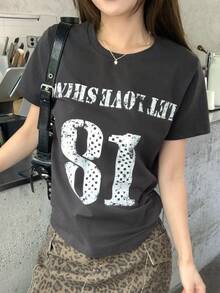 DAZY Women's Summer Round Neck Letter Print Distressed Casual Basic Pullover Street Style T-Shirt Graphic Tee Golf White - Dark Grey - View 3