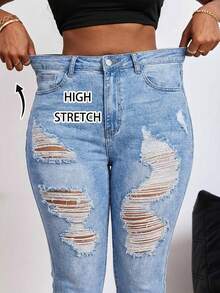 Slaydiva Blue Plus Size Jeans Casual Skinny Stretch Ripped Tights - Light Wash - View 2