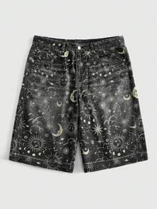 ROMWE MEN Street Life Men's Pocketed Button Allover Print Casual Versatile Daily Wear Washed Denim Shorts - Black - View 1