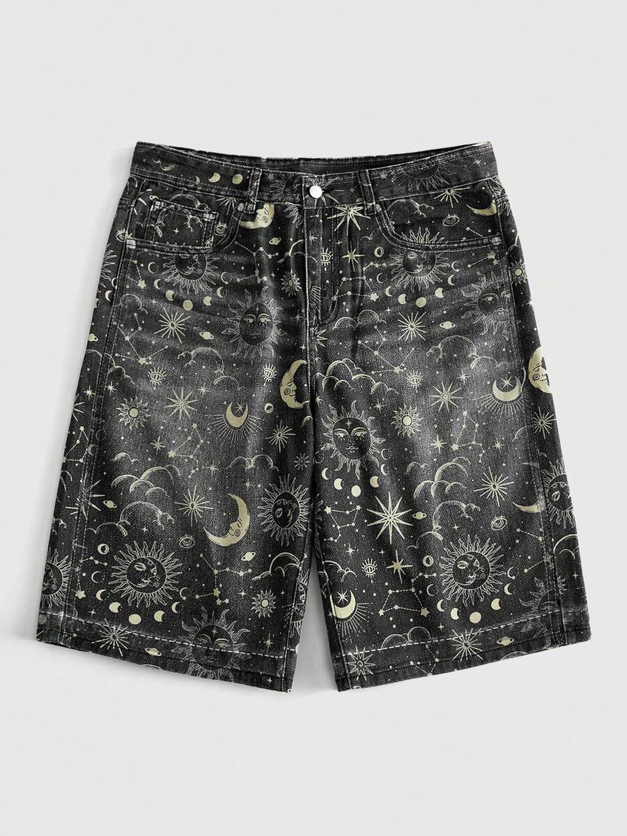 ROMWE MEN Street Life Men's Pocketed Button Allover Print Casual Versatile Daily Wear Washed Denim Shorts - Black - View 1