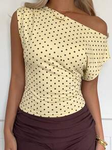 SHEIN EZwear 波点缎面性感露背吊带上衣 - 淡黃色 - 查看 4