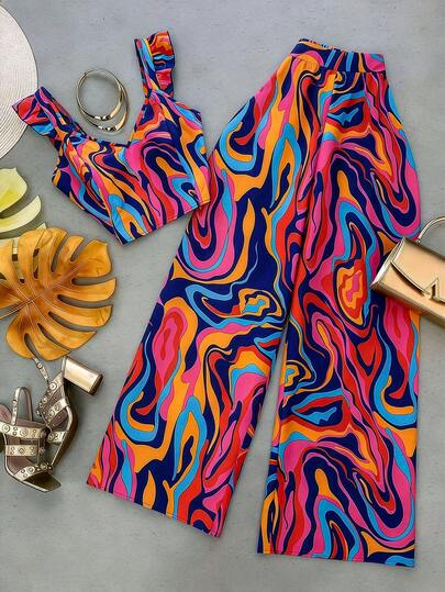 GlowEve CURVE New Arrival Lady's Colorful Geometric All-Over Print Summer Vacation Outfit, Suitable For Daily Outing And Tropical Beach Holiday, 2-Piece Set, Fashionable And Slimming, Ruffle Sleeve, Diamond Neckline Top Paired With Loose Pants, Elastic Back Design On Top And Waist For Slimming Effect