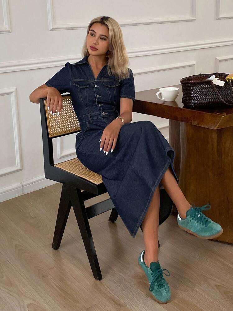 Women's Summer Turndown Collar Short Sleeve Denim Dress Sun Dresses For Women